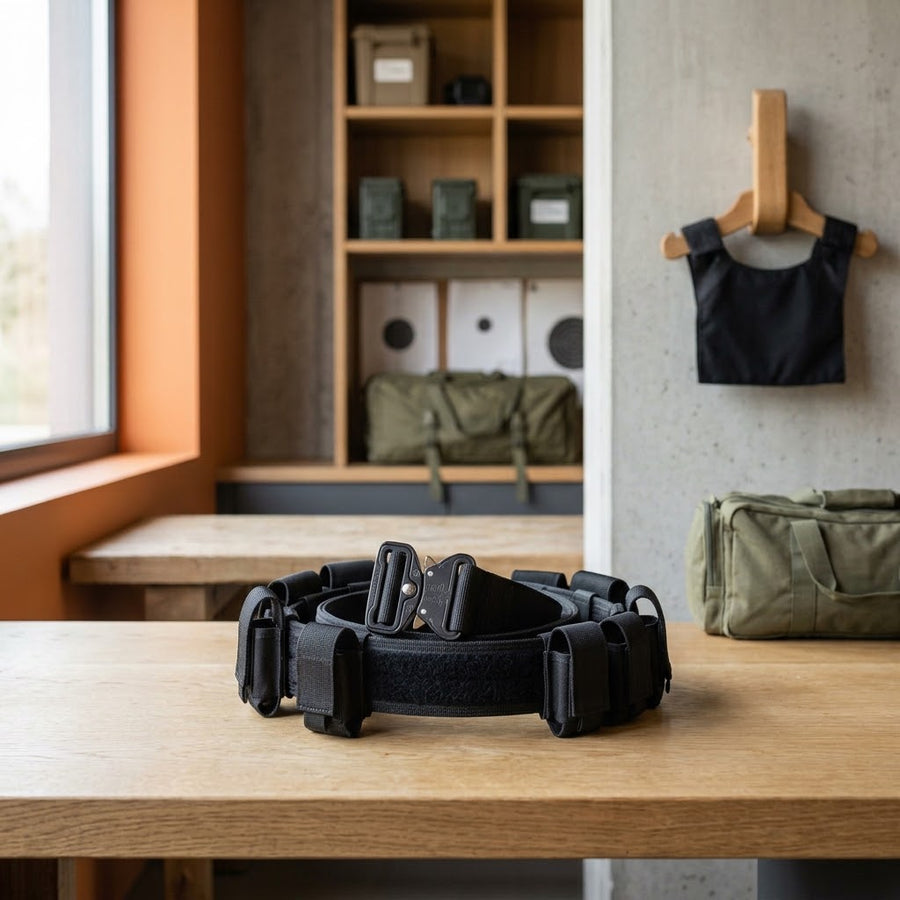 Ceinture tactique rigide noire à boucle cobra et pochettes vides enroulée sur un banc