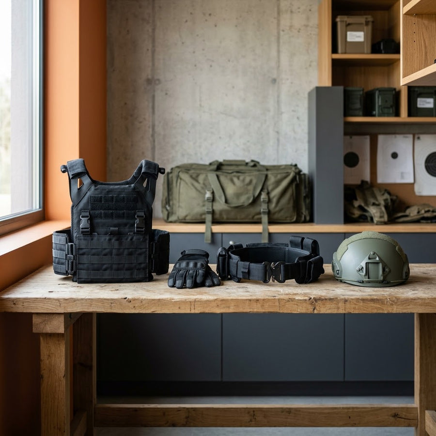 Gilet, gants, ceinture et casque tactiques disposés sur un banc dans un local d'équipement