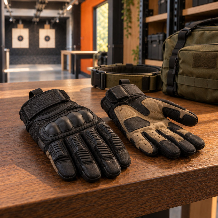 Paire de gants tactiques noirs à protections de phalanges posée sur un banc d'équipement