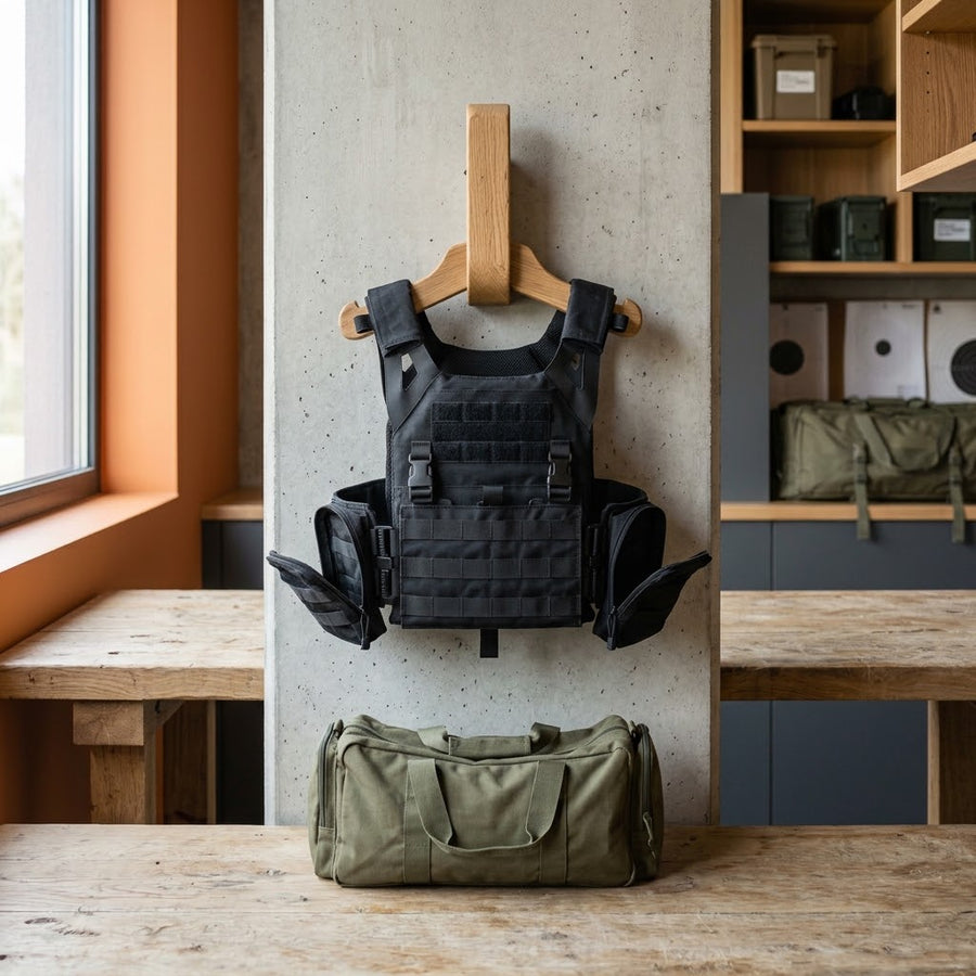 Gilet tactique noir à sangles modulaires suspendu à un crochet en bois dans un local d'équipement