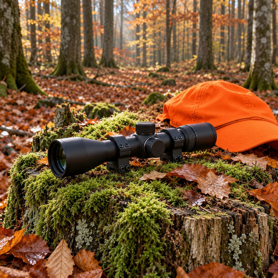 Lunette de battue compacte posée sur une souche moussue dans une forêt de hêtres en automne