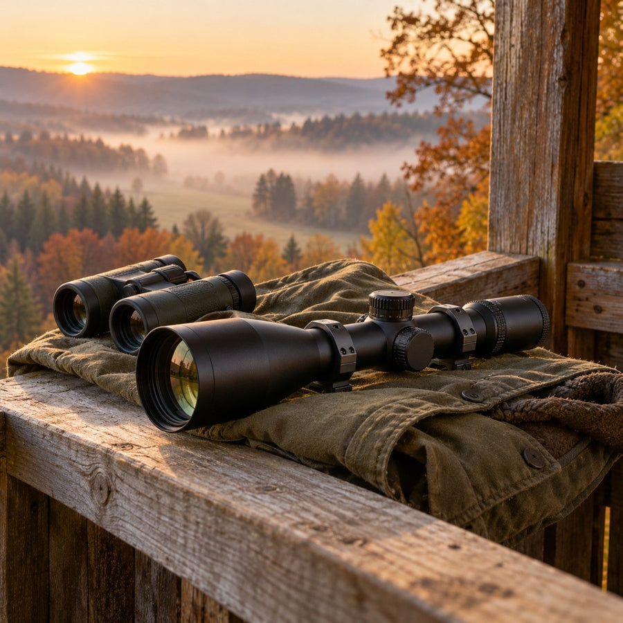 Lunette de chasse noire posée sur la rambarde en bois d'un mirador face à une forêt brumeuse à l'aube
