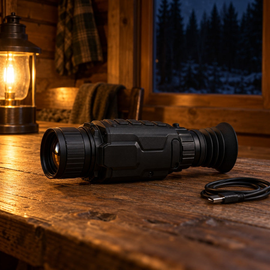 Lunette thermique noire posée sur une table de cabane de chasse, la nuit, à la lumière d'une lampe