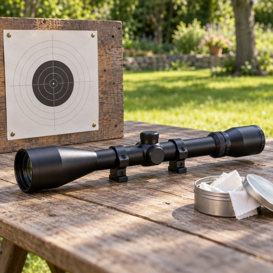 Petite lunette noire avec colliers 11 mm sur une table de jardin à côté d'une cible en papier