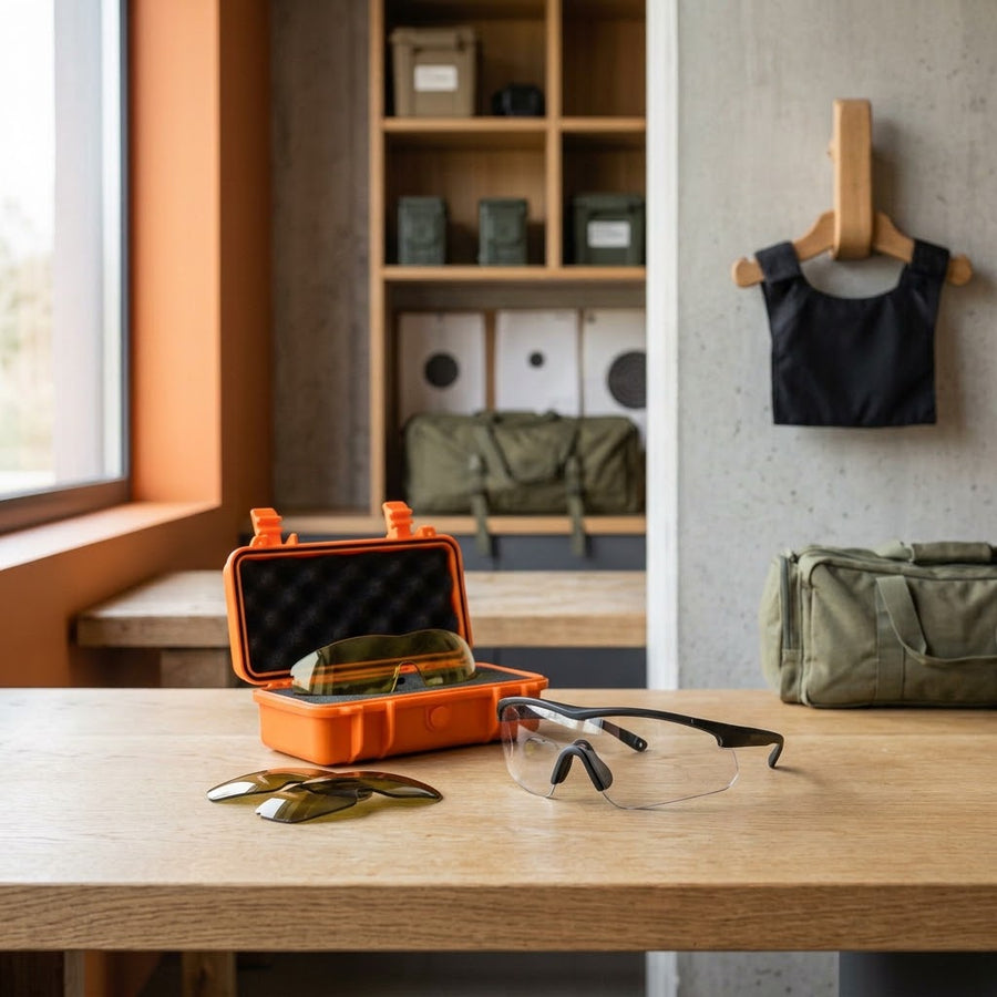 Lunettes de tir enveloppantes à monture noire, verres de rechange et étui orange sur un banc de stand