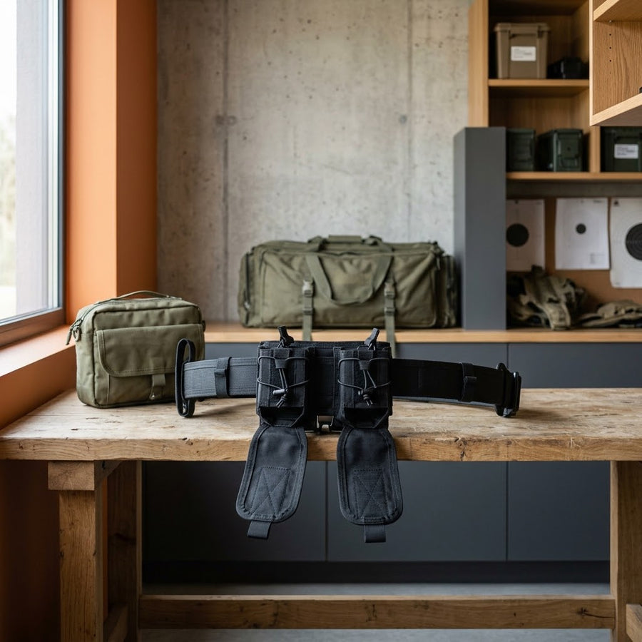 Porte-chargeur double en nylon noir, vide et ouvert, fixé à une ceinture rigide sur un banc