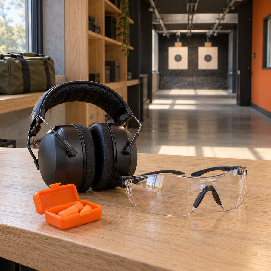 Casque anti-bruit, lunettes de protection et étui de bouchons orange sur un banc de stand de tir