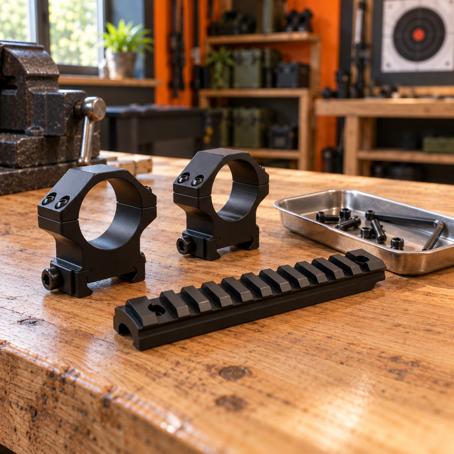 Rail Picatinny en aluminium noir avec colliers et vis posés sur un établi d'armurier