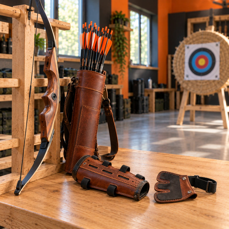 Arc recourbé en bois, carquois en cuir garni de flèches et protège-bras posés dans une salle de club d'archerie