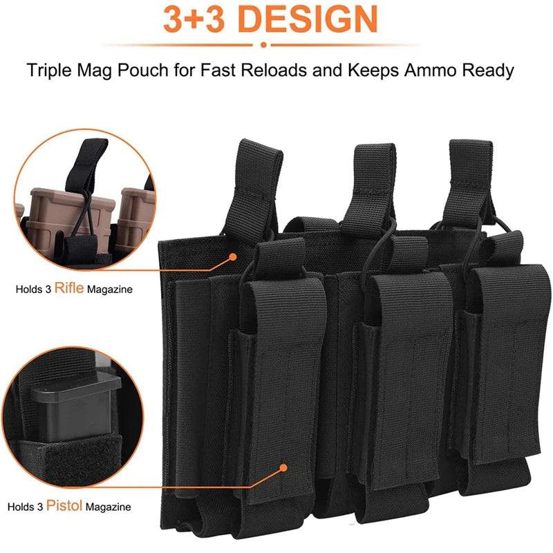 Porte-Chargeur Triple MOLLE Nylon 1000D, 3 Chargeurs de Fusil et 3 de Pistolet, vue 6