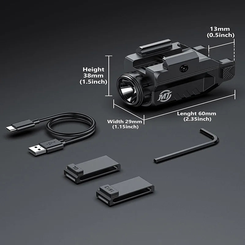 Lampe Tactique de Pistolet 1000 Lumens Rechargeable USB, Rail Picatinny 20 mm ou G-lock, 43 g, vue 6