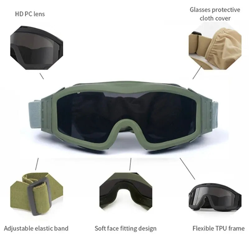 Lunettes Airsoft Tactiques 3 Verres, Cadre TPU Souple, Noir, Vert ou Sable, vue 3