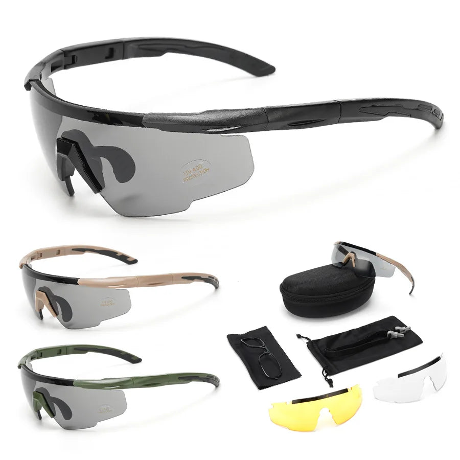 Lunettes de Tir Tactiques UV400, 3 Verres et Insert Correcteur, Noir, Vert ou Sable