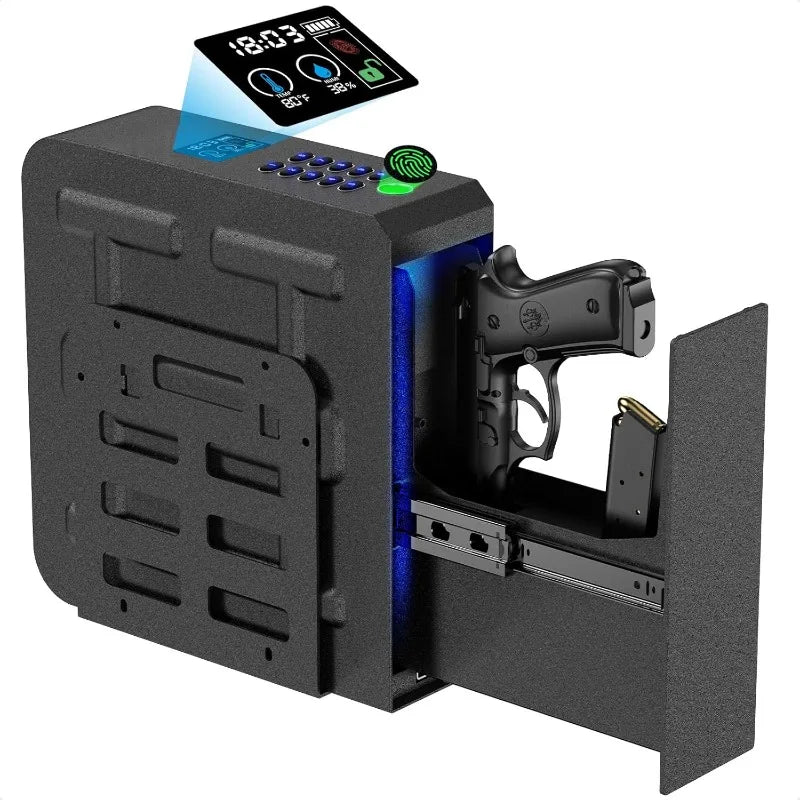 Coffre-Fort Arme de Poing Mural Acier Noir, Empreinte, Code et Clé, Écran LCD, vue 4