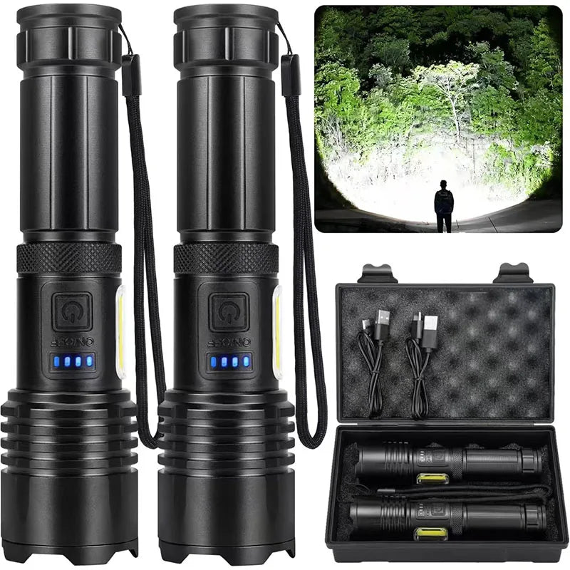 Lampe Tactique Rechargeable 7 Modes, Zoom et Lumière COB, Lot de 1 ou 2