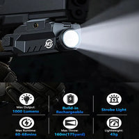 Lampe Tactique de Pistolet 1000 Lumens Rechargeable USB, Rail Picatinny 20 mm ou G-lock, 43 g, vue 2