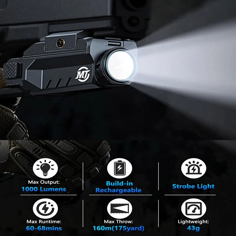 Lampe Tactique de Pistolet 1000 Lumens Rechargeable USB, Rail Picatinny 20 mm ou G-lock, 43 g, vue 2
