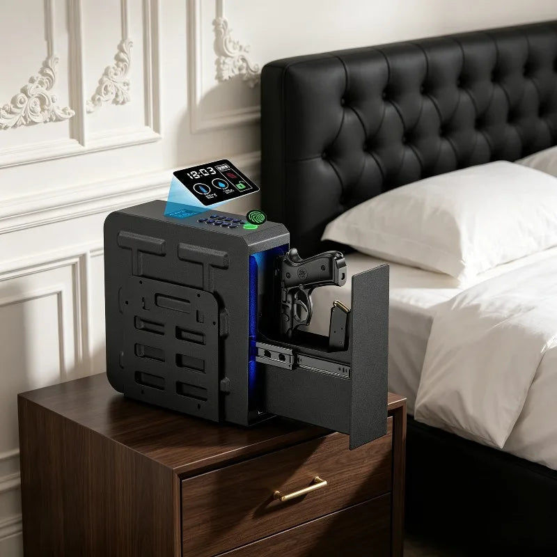 Coffre-Fort Arme de Poing Mural Acier Noir, Empreinte, Code et Clé, Écran LCD