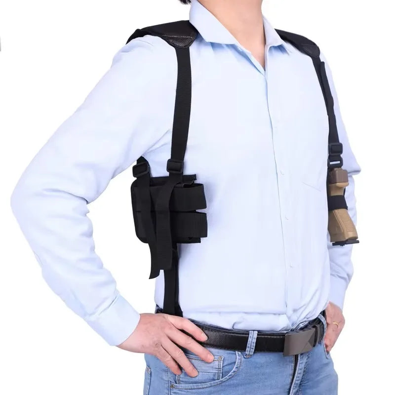 Holster d'Épaule Tactique en Nylon Noir, Droitier ou Gaucher, avec Porte-Chargeur Double