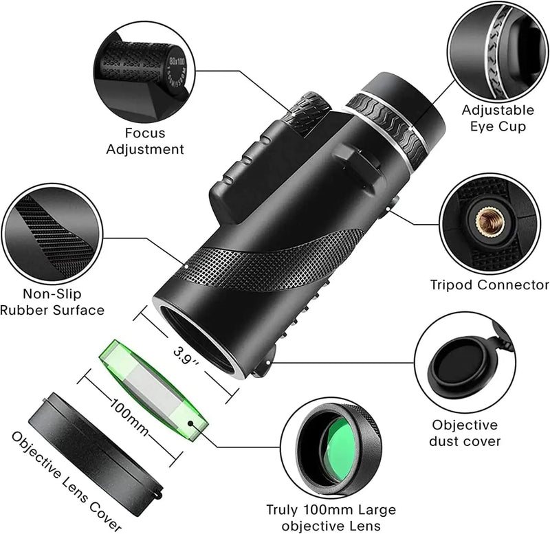 Monoculaire Prisme BAK4 FMC avec Trépied et Support Smartphone, Noir ou Vert, vue 2