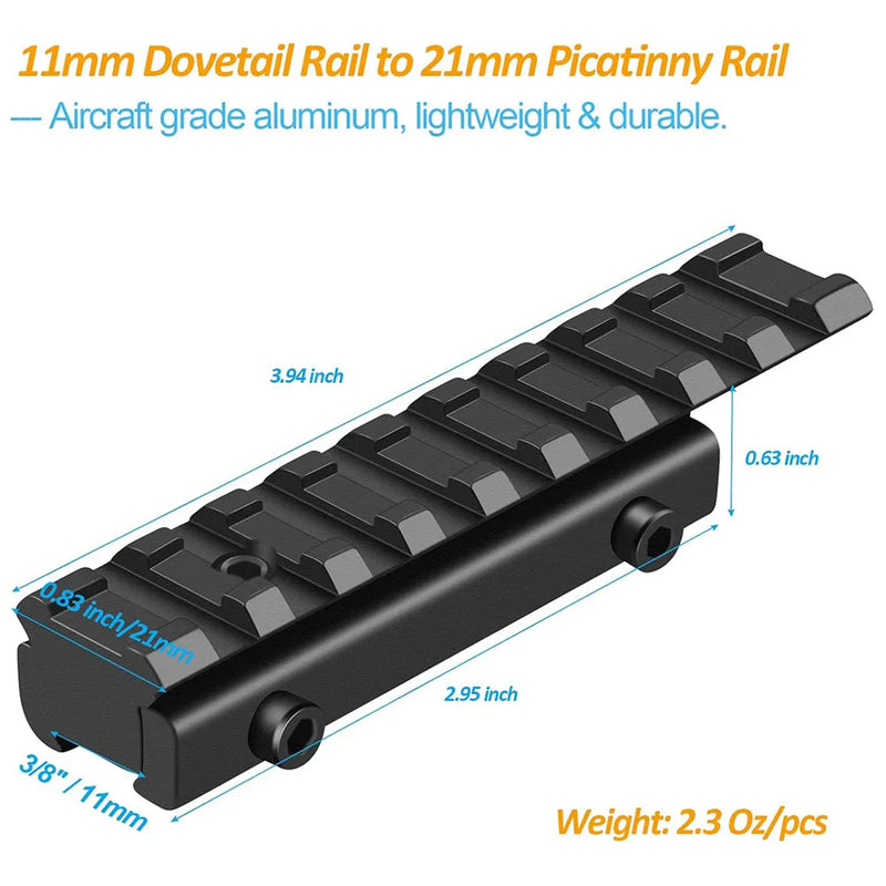Rehausse de Rail 11 mm vers Picatinny 21 mm, 9 Fentes, Aluminium Noir, 1 ou 2 Pièces, vue 6