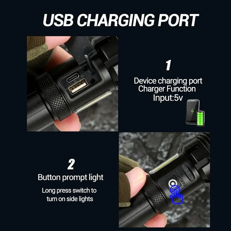 Lampe Tactique Rechargeable USB-C à Zoom, Éclairage COB et Batterie Externe, vue 6