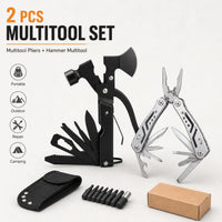 Lot de 2 Outils Multifonctions, Marteau-Hachette et Pince en Acier Inoxydable, avec Étui et Embouts