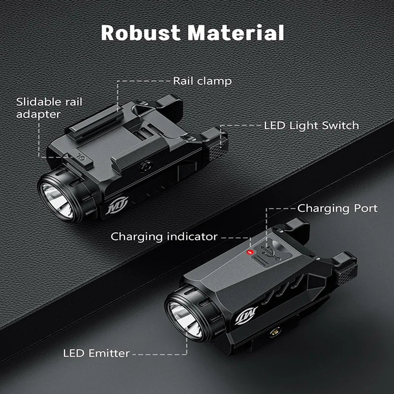 Lampe Tactique de Pistolet 1000 Lumens Rechargeable USB, Rail Picatinny 20 mm ou G-lock, 43 g, vue 5