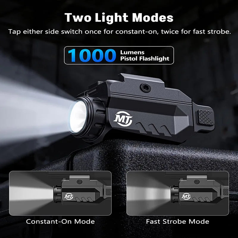 Lampe Tactique de Pistolet 1000 Lumens Rechargeable USB, Rail Picatinny 20 mm ou G-lock, 43 g, vue 3