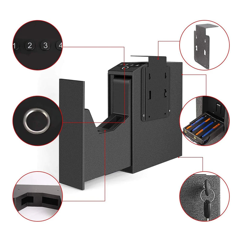 Coffre-Fort Arme de Poing Coulissant Biométrique, Empreinte, Code et Clé, Acier Noir, vue 2