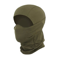 Cagoule tactique airsoft vert olive, vue de trois quarts sur fond blanc