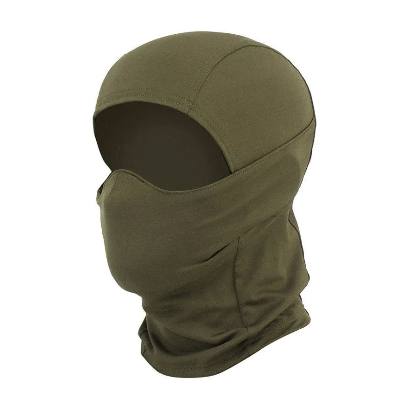 Cagoule tactique airsoft vert olive, vue de trois quarts sur fond blanc