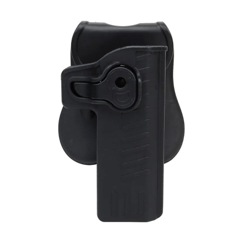 Holster rigide noir à palette pour pistolet type Hi-Capa, version droitier, sur fond blanc