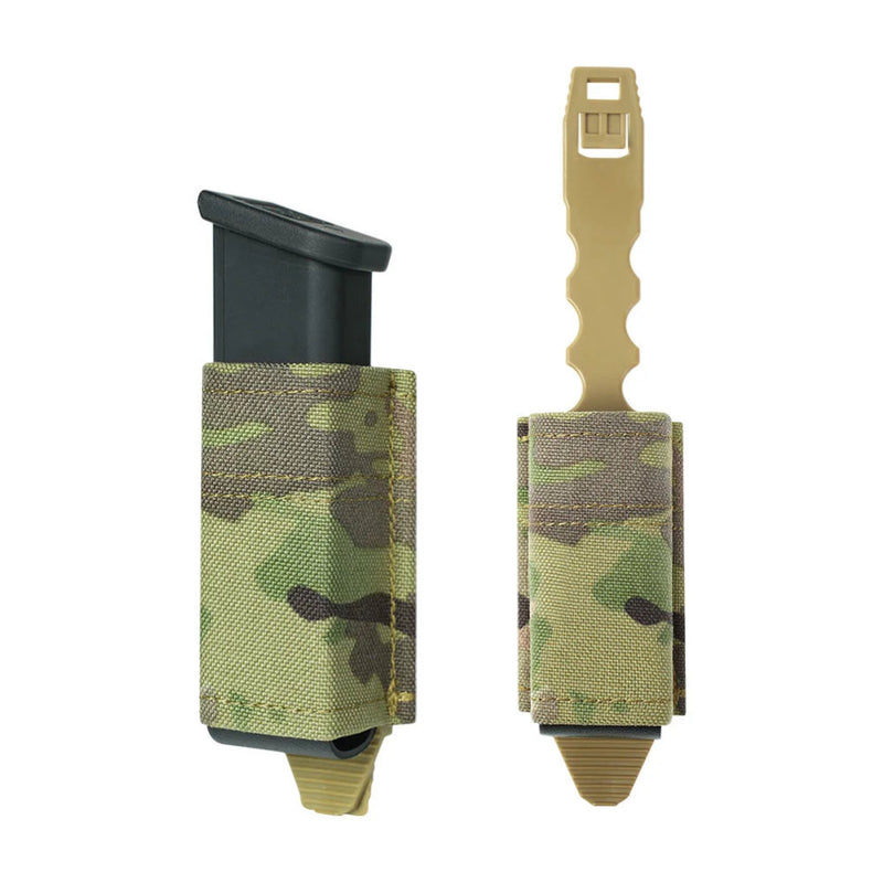 Porte-chargeur MOLLE camouflage avec clip de maintien, vue de face et de profil sur fond blanc